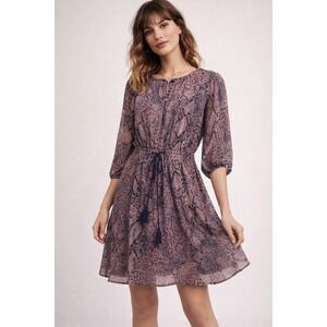 Anthropologie Floreat Zharah Peasant Dress Size‎ Medium Purple Navy Snakeskin